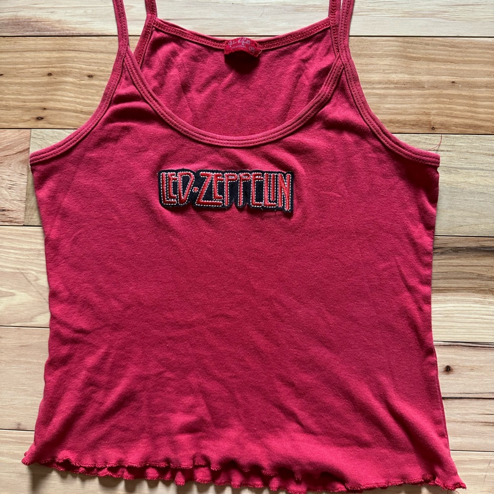 john galt red cami tank with led zeppelin patch and ruffle trim
